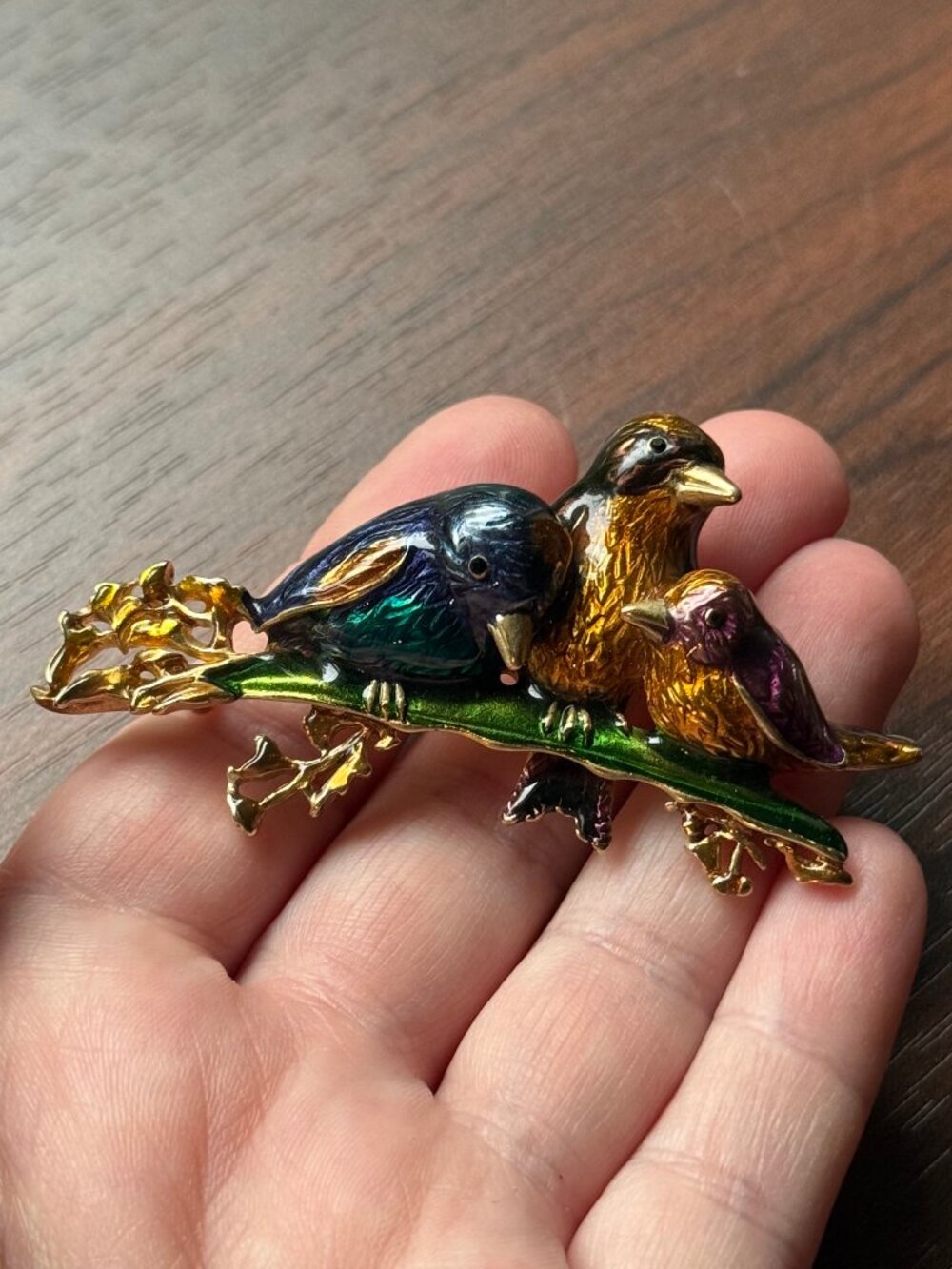Vintage Signed Enamel Birds on Branch Brooch - Picture 1 of 5